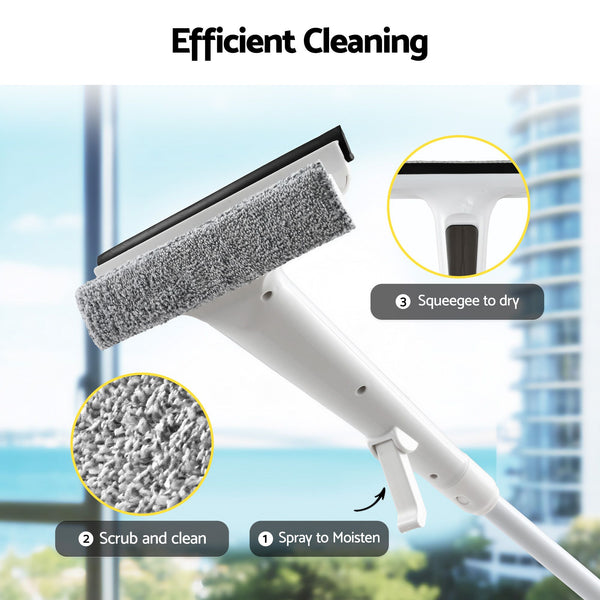 Giantz Window Cleaner Mirror Car, Spray Scrub Squeegee 136cm Extendable Long Handle with Water Tank 3 Microfiber Pads, Glass Scrubber for High Windows Home Car Mirror, White Awezingly