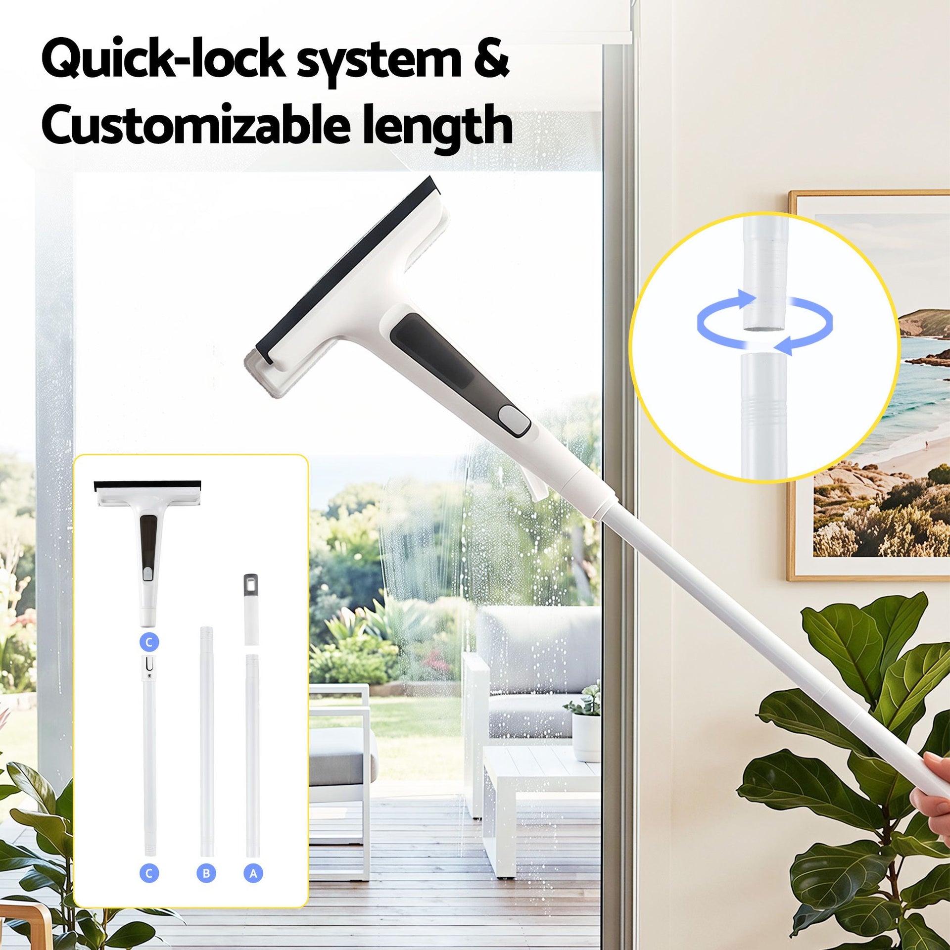 Giantz Window Cleaner Mirror Car, Spray Scrub Squeegee 136cm Extendable Long Handle with Water Tank 3 Microfiber Pads, Glass Scrubber for High Windows Home Car Mirror, White Awezingly