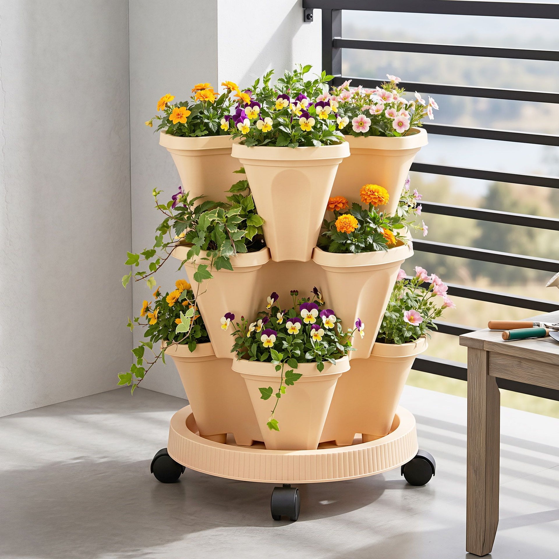 Green Fingers 3 Tier Stackable Vertical Planter Tower Strawberry Pot Wheels Beige Awezingly