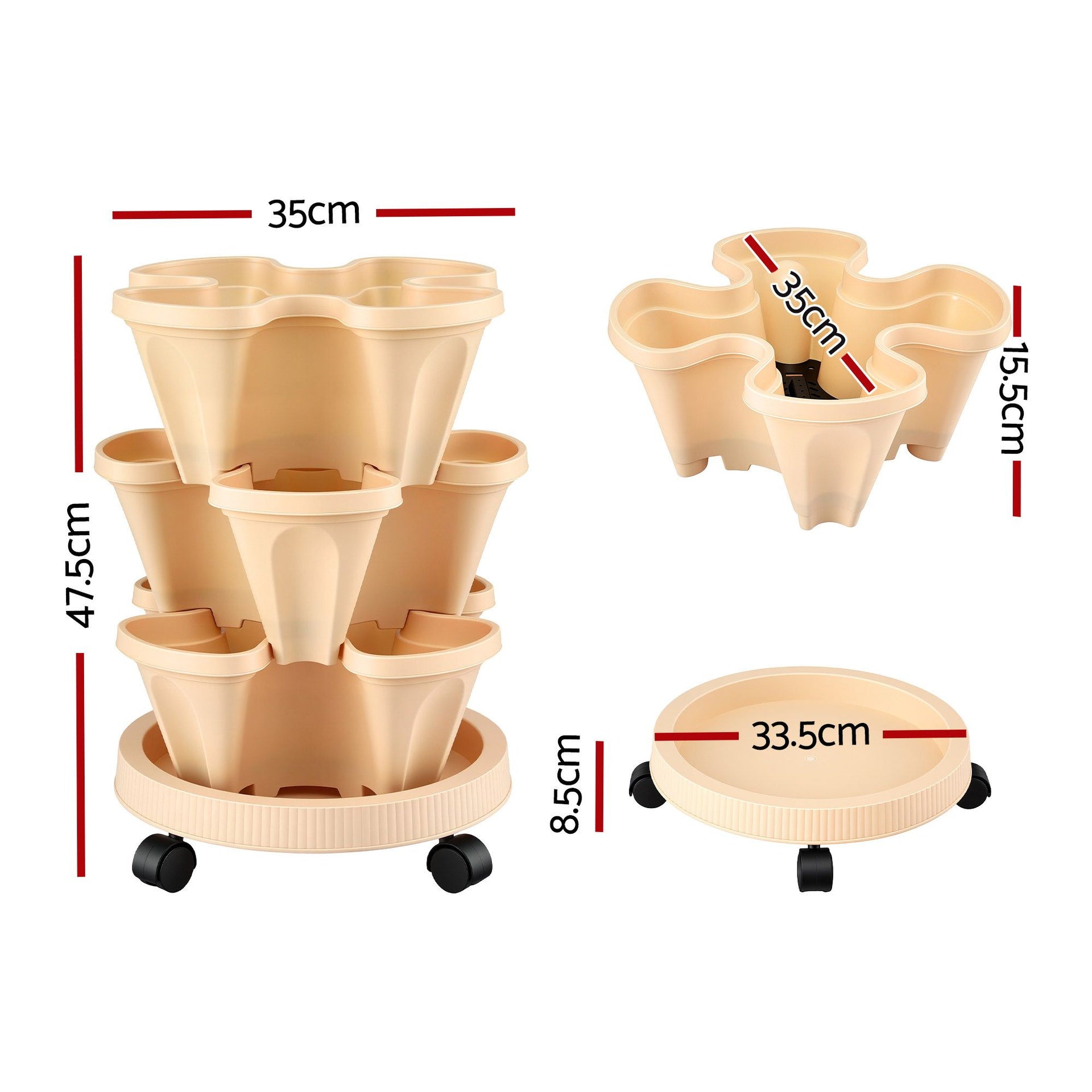Green Fingers 3 Tier Stackable Vertical Planter Tower Strawberry Pot Wheels Beige Awezingly