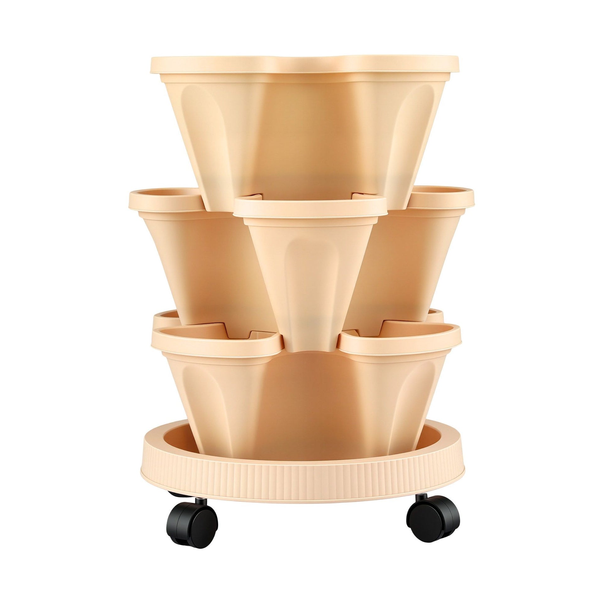 Green Fingers 3 Tier Stackable Vertical Planter Tower Strawberry Pot Wheels Beige Awezingly
