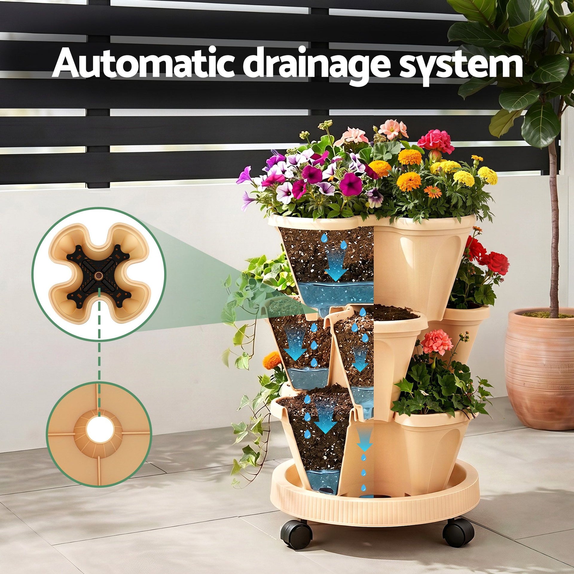 Green Fingers 3 Tier Stackable Vertical Planter Tower Strawberry Pot Wheels Beige Awezingly
