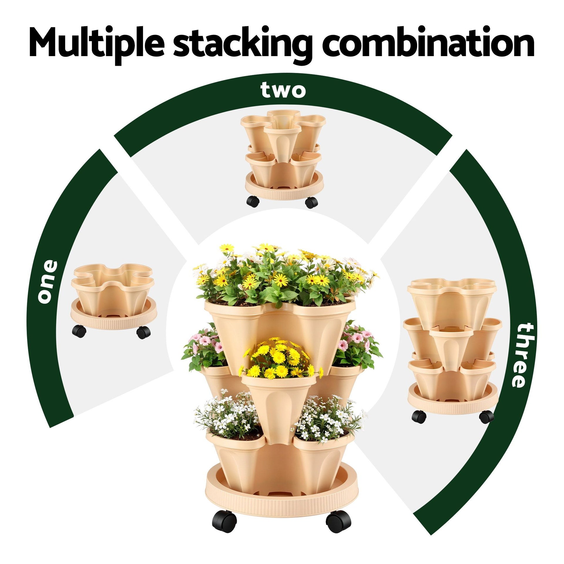 Green Fingers 3 Tier Stackable Vertical Planter Tower Strawberry Pot Wheels Beige Awezingly