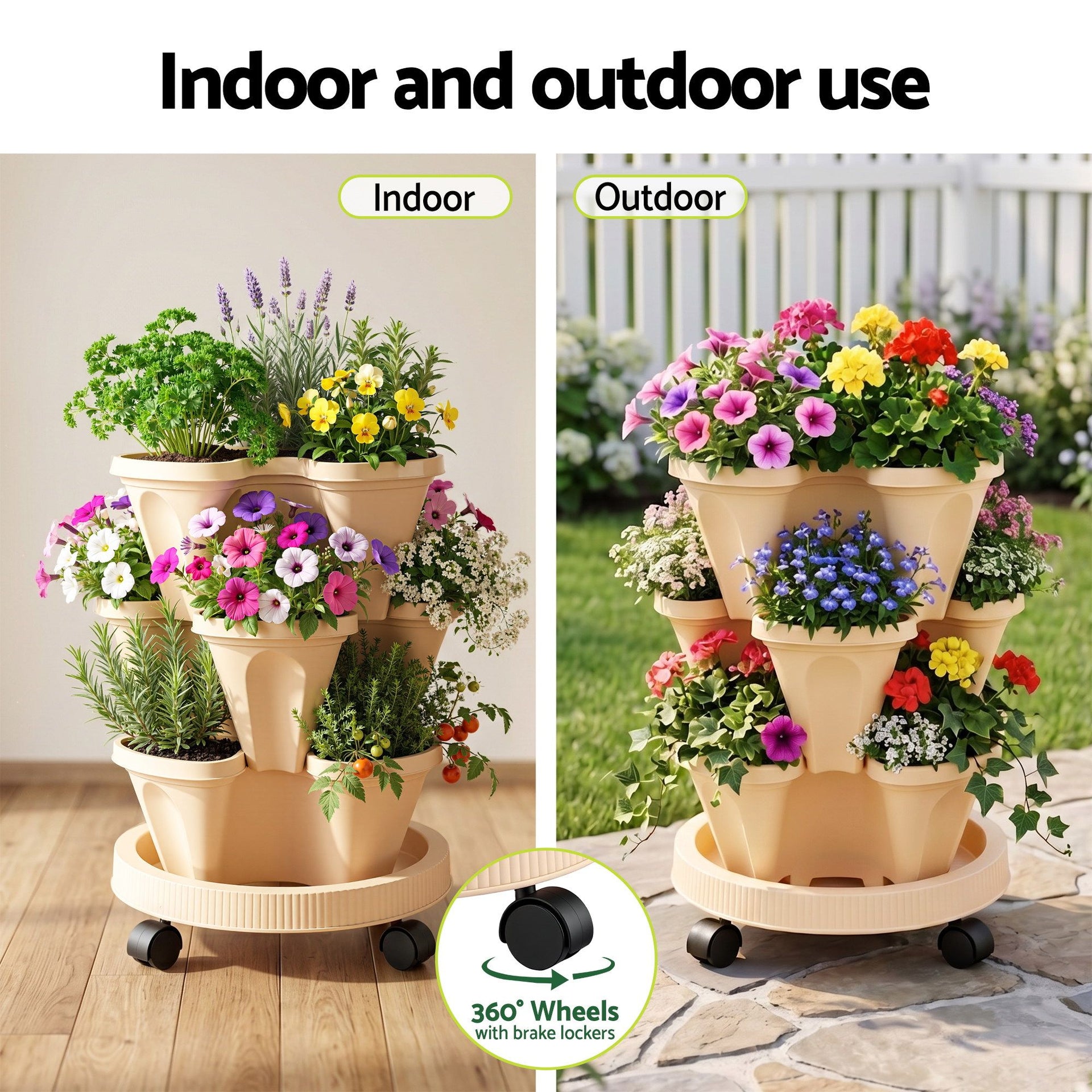 Green Fingers 3 Tier Stackable Vertical Planter Tower Strawberry Pot Wheels Beige Awezingly