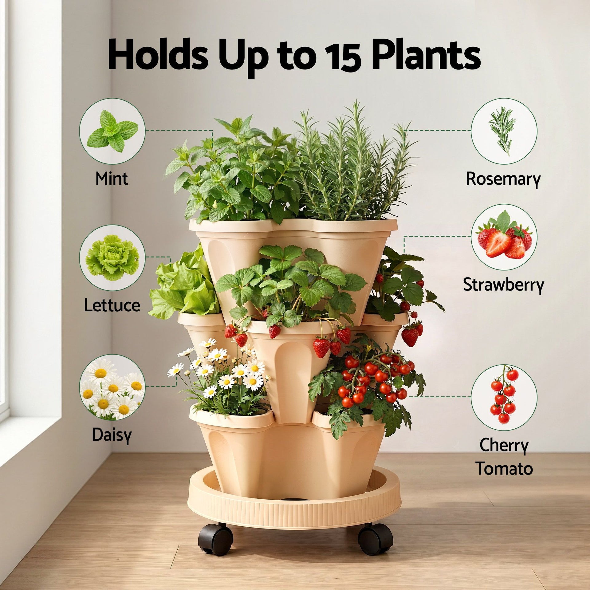 Green Fingers 3 Tier Stackable Vertical Planter Tower Strawberry Pot Wheels Beige Awezingly