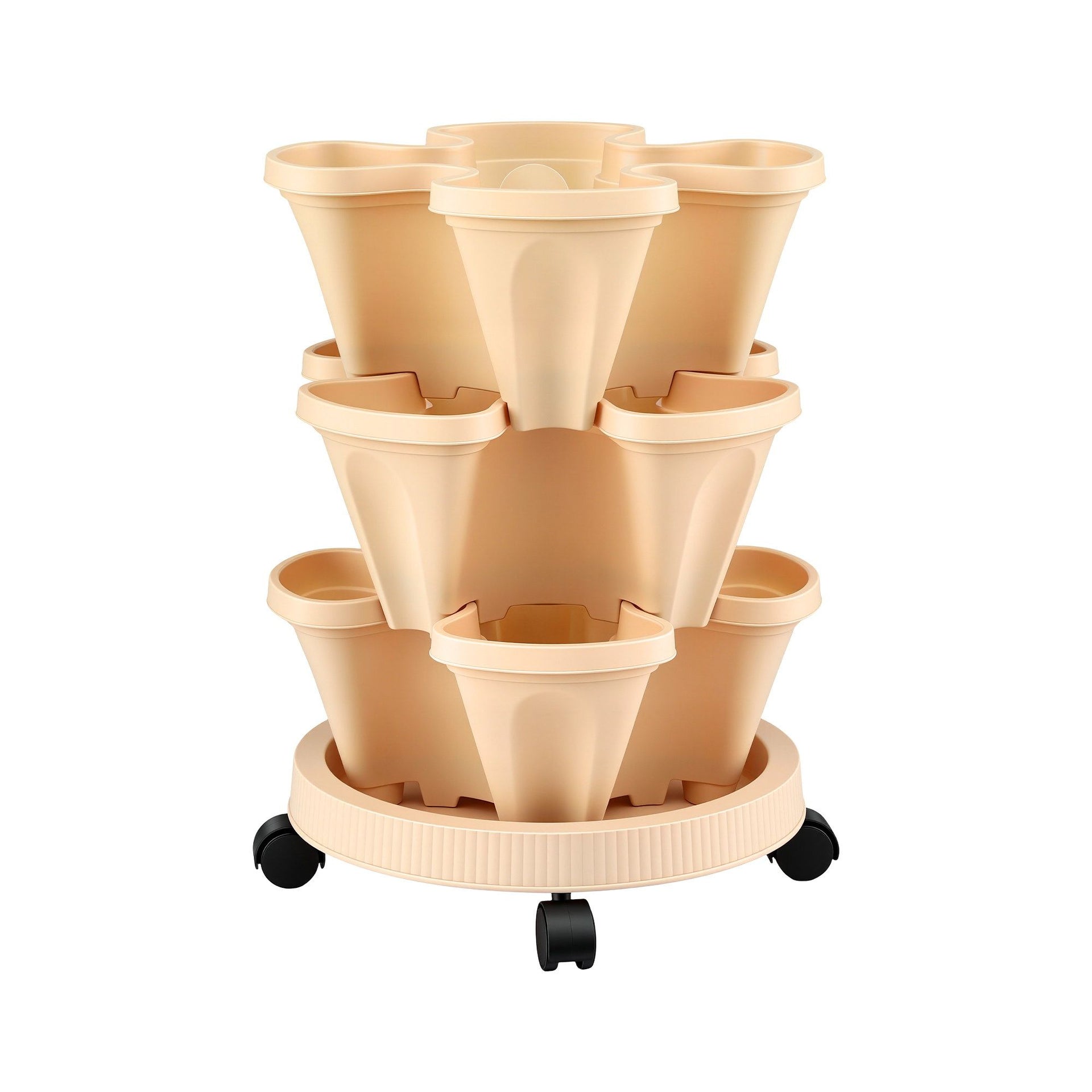 Green Fingers 3 Tier Stackable Vertical Planter Tower Strawberry Pot Wheels Beige Awezingly