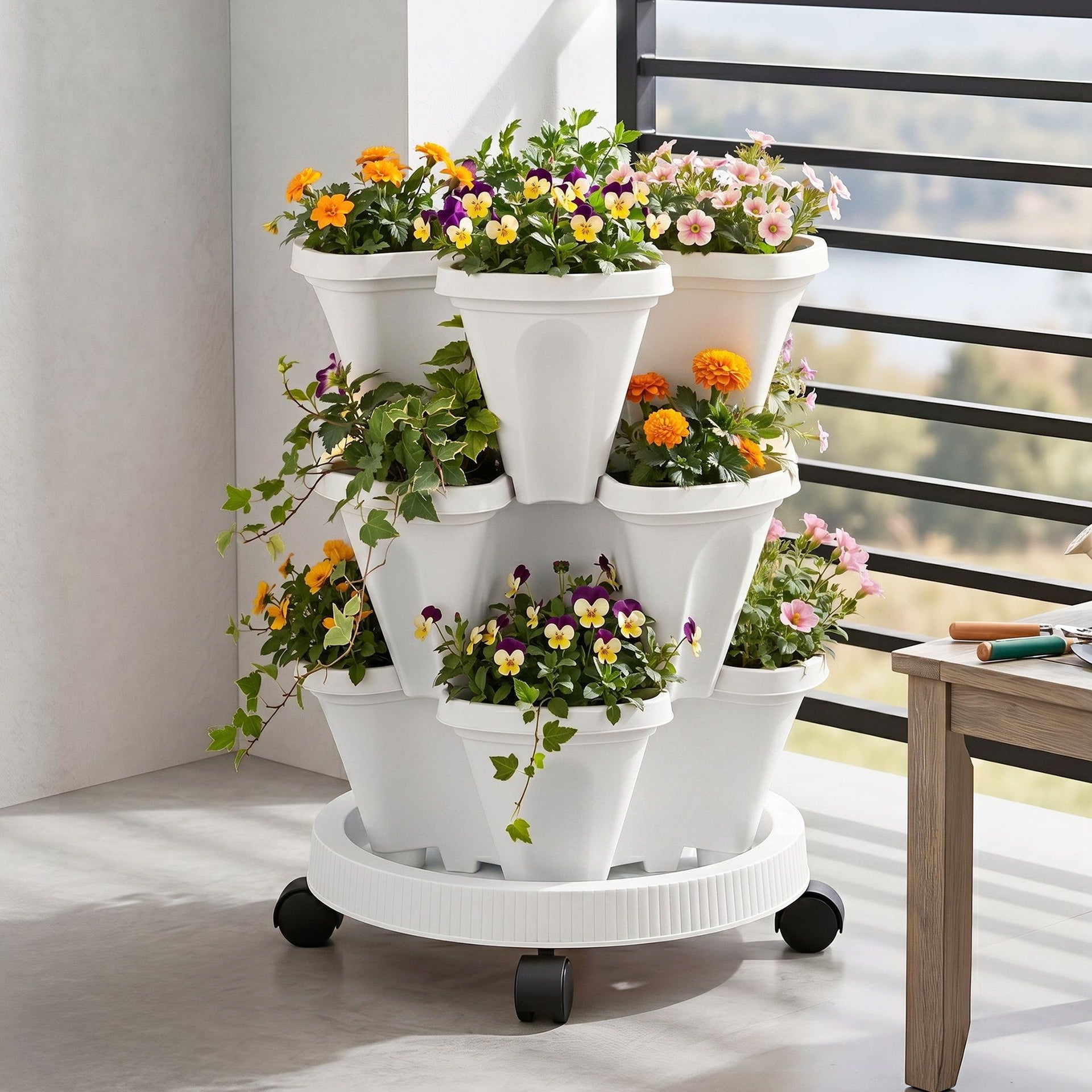 Green Fingers 3 Tier Stackable Vertical Planter Tower Strawberry Pot Wheels White Awezingly