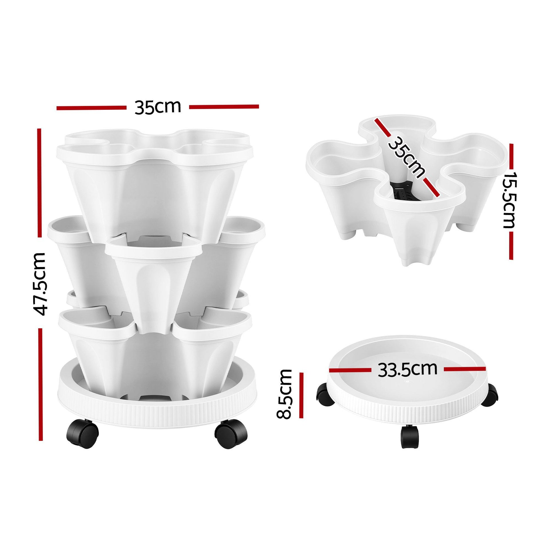 Green Fingers 3 Tier Stackable Vertical Planter Tower Strawberry Pot Wheels White Awezingly