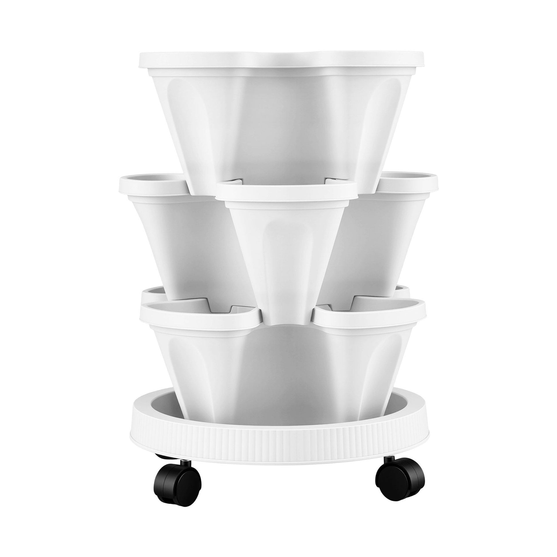 Green Fingers 3 Tier Stackable Vertical Planter Tower Strawberry Pot Wheels White Awezingly