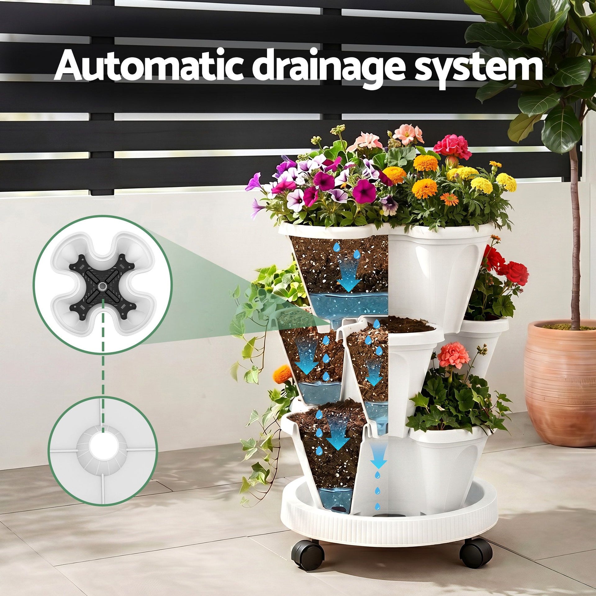 Green Fingers 3 Tier Stackable Vertical Planter Tower Strawberry Pot Wheels White Awezingly