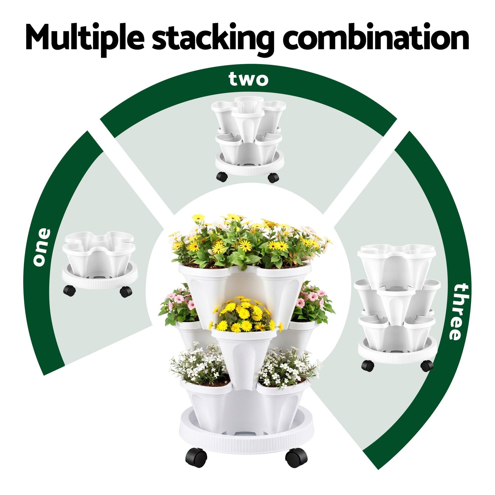 Green Fingers 3 Tier Stackable Vertical Planter Tower Strawberry Pot Wheels White Awezingly