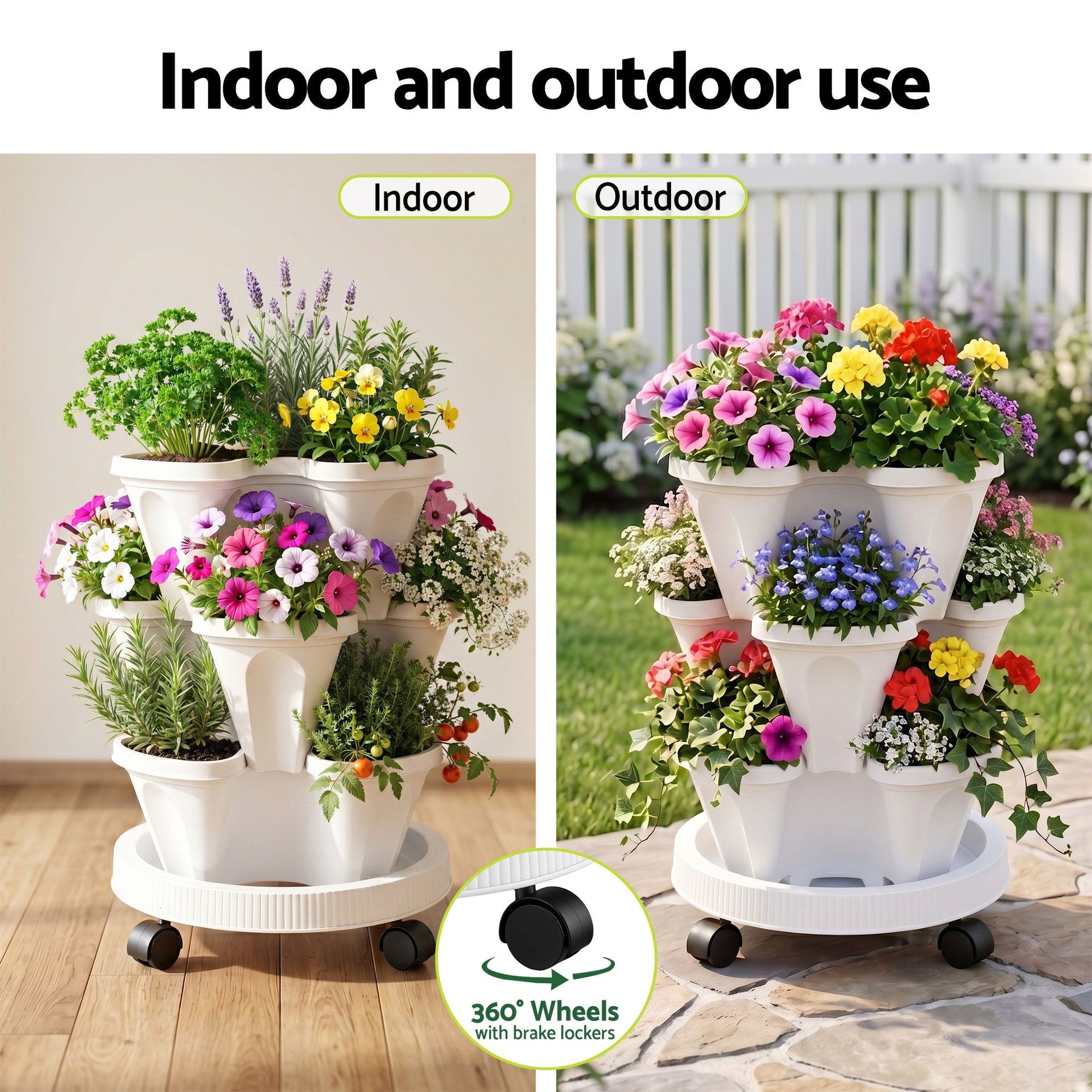 Green Fingers 3 Tier Stackable Vertical Planter Tower Strawberry Pot Wheels White Awezingly