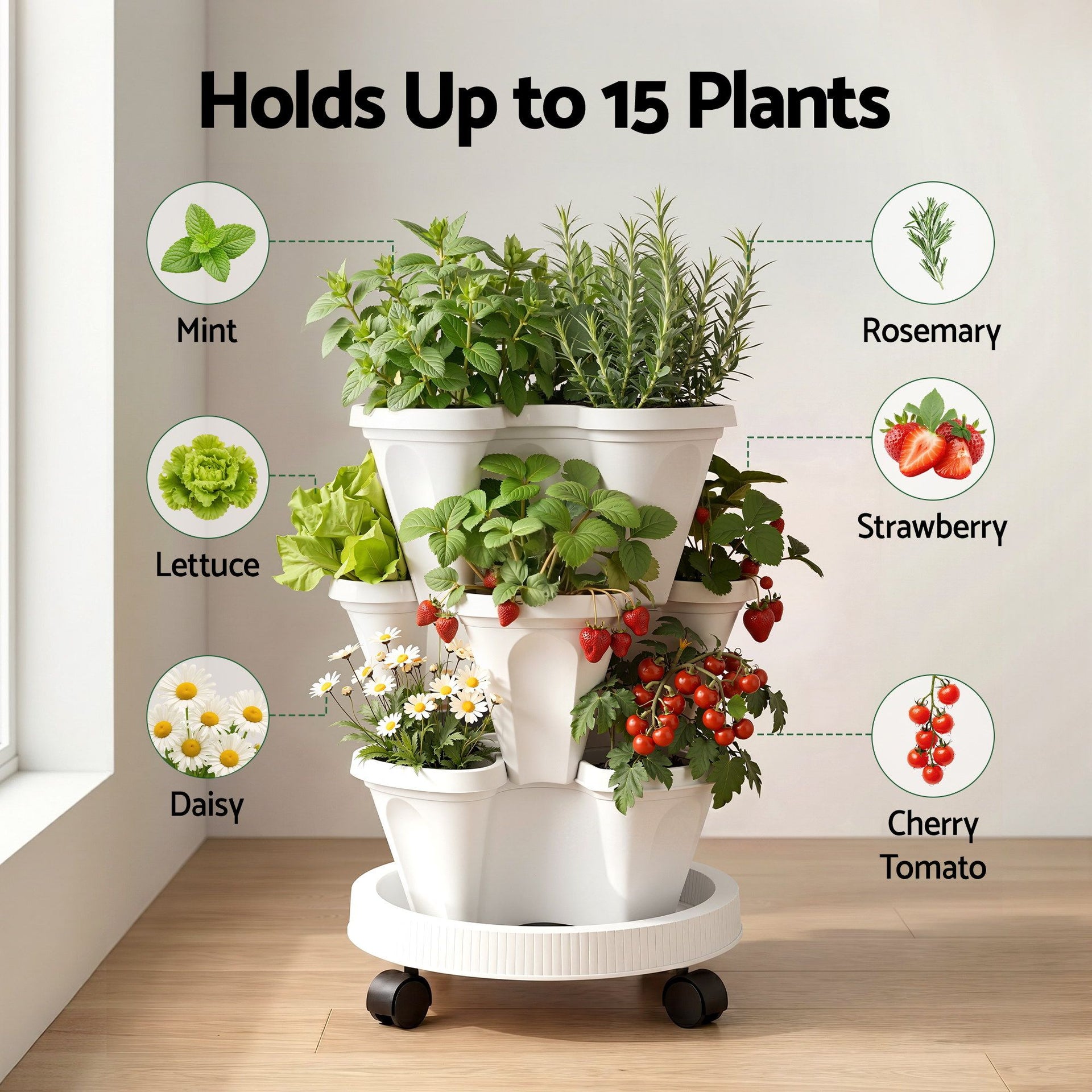 Green Fingers 3 Tier Stackable Vertical Planter Tower Strawberry Pot Wheels White Awezingly