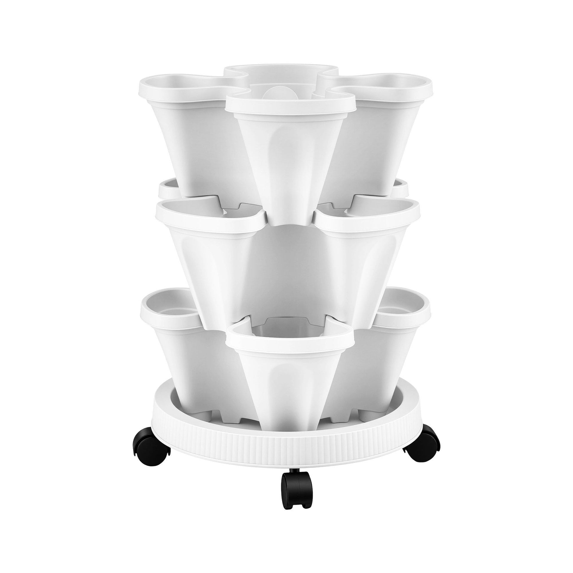 Green Fingers 3 Tier Stackable Vertical Planter Tower Strawberry Pot Wheels White Awezingly