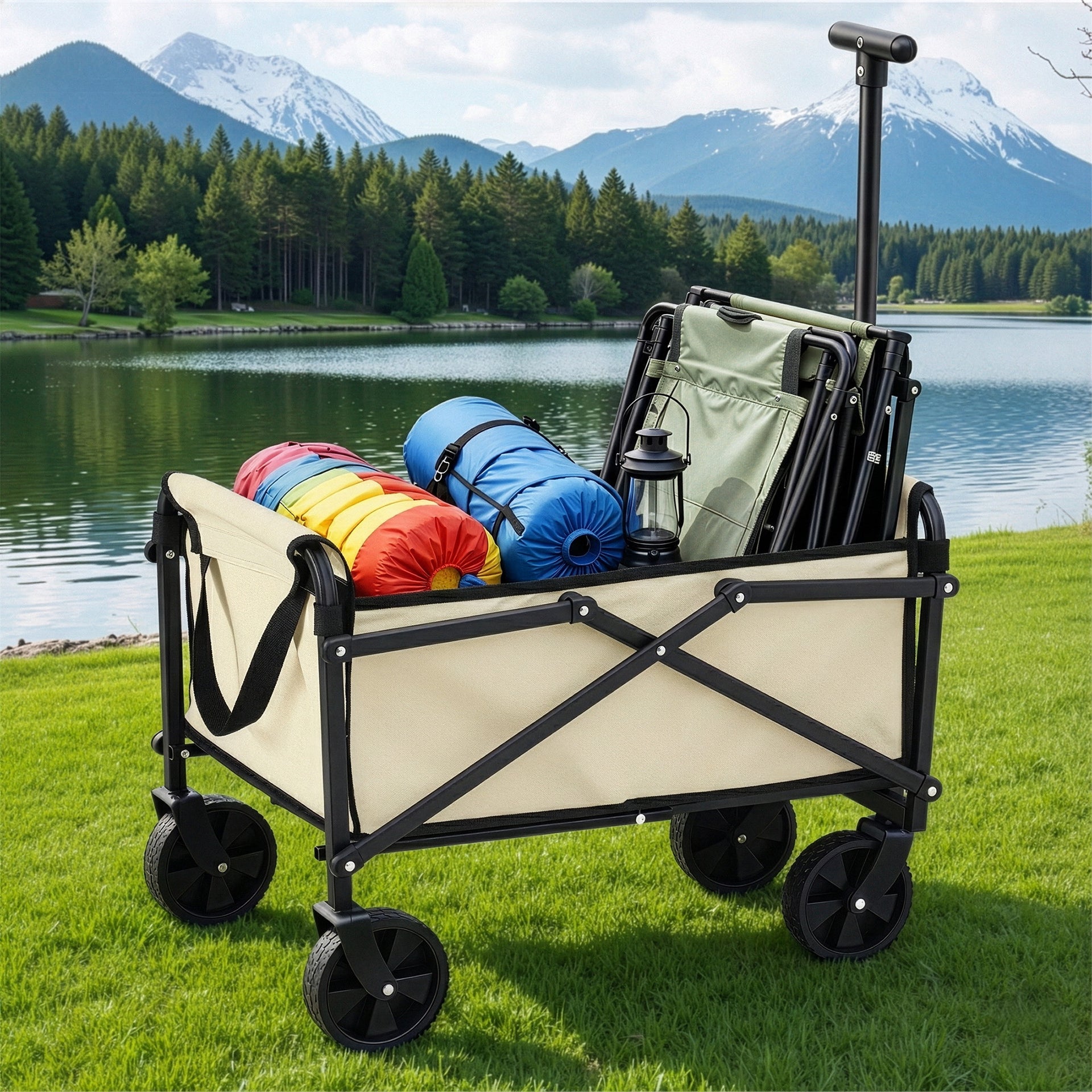 Gardeon Garden Cart Folding Trolley Camping Wagon Barrow Outdoor Beach Beige Awezingly