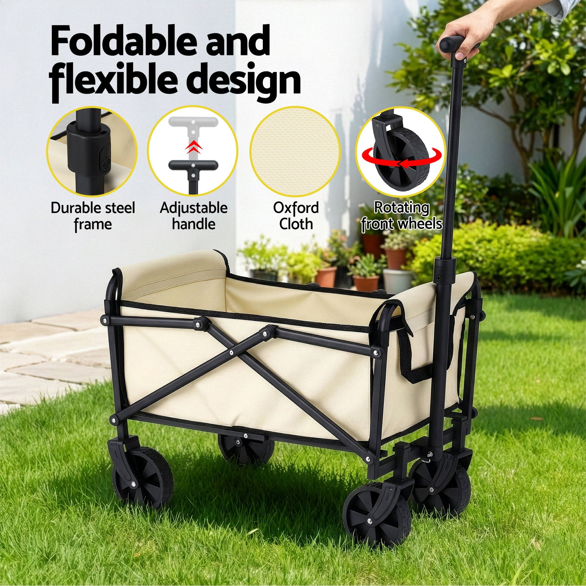 Gardeon Garden Cart Folding Trolley Camping Wagon Barrow Outdoor Beach Beige Awezingly