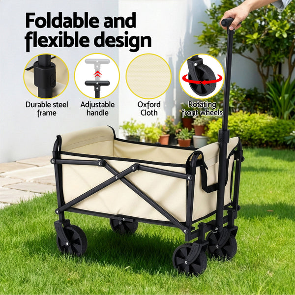 Gardeon Garden Cart Folding Trolley Camping Wagon Barrow Outdoor Beach Beige Awezingly