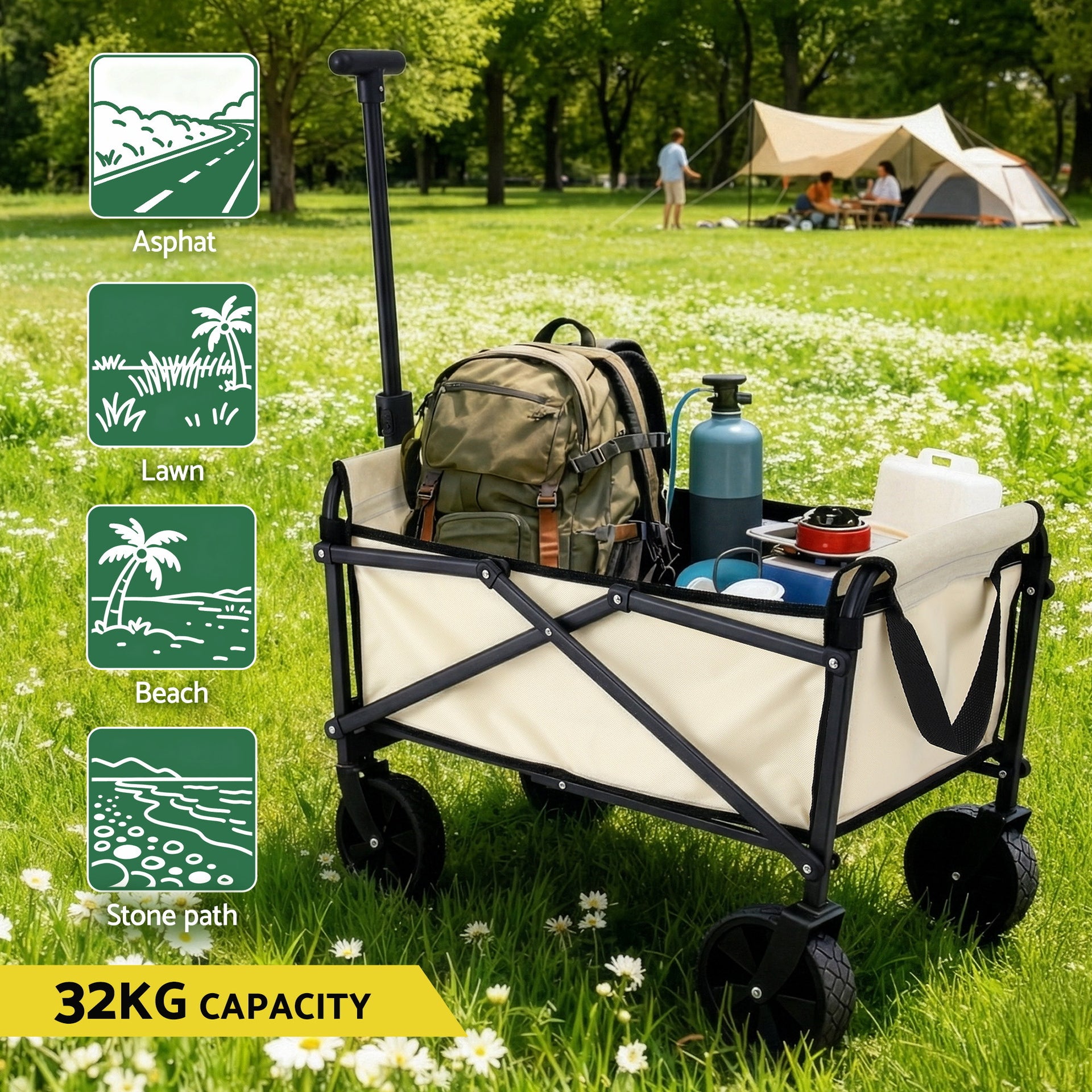 Gardeon Garden Cart Folding Trolley Camping Wagon Barrow Outdoor Beach Beige Awezingly