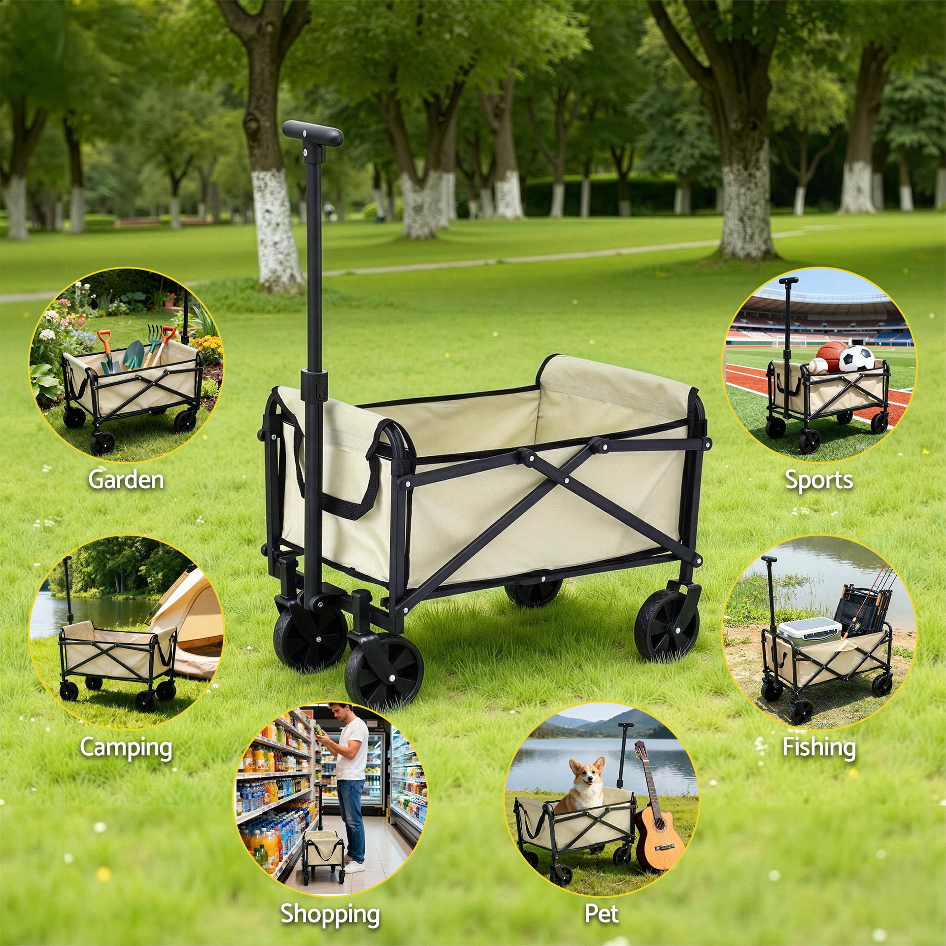 Gardeon Garden Cart Folding Trolley Camping Wagon Barrow Outdoor Beach Beige Awezingly