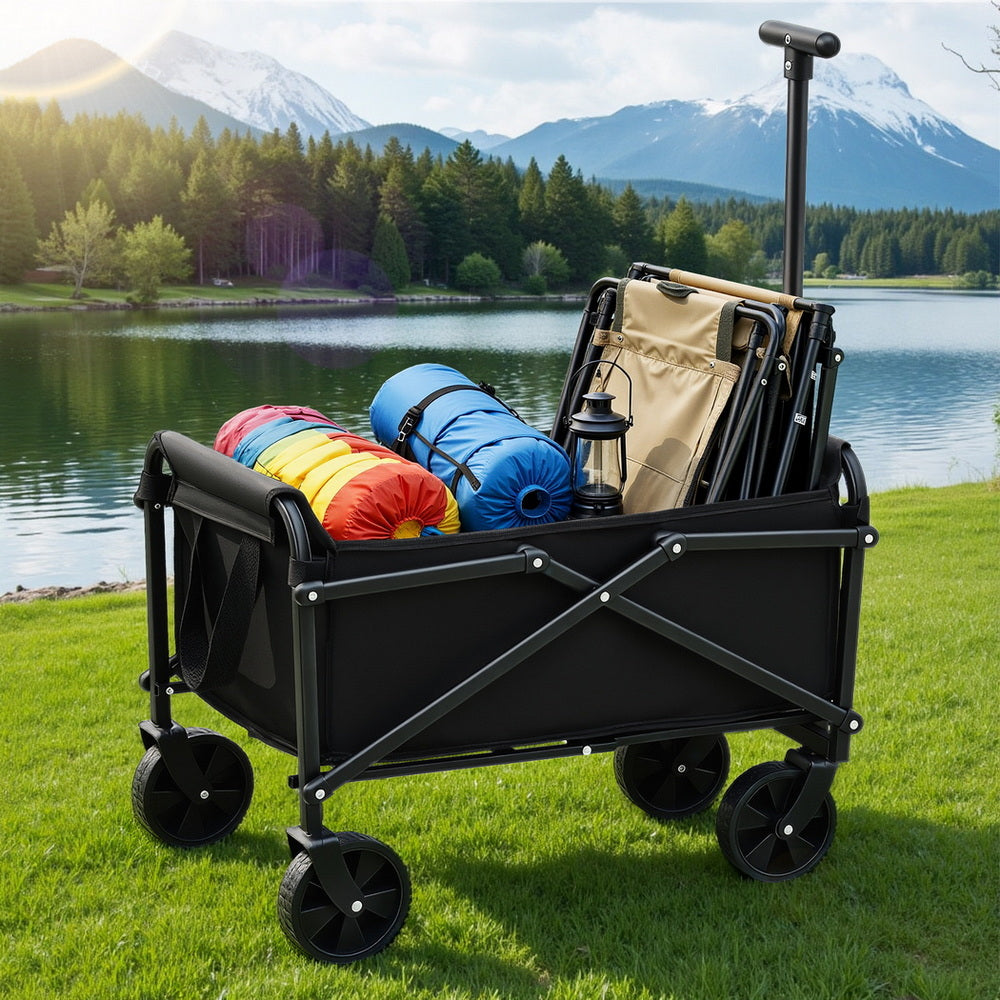 Gardeon Garden Cart Folding Trolley Camping Wagon Barrow Outdoor Beach Black Gardeon