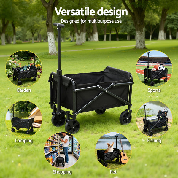 Gardeon Garden Cart Folding Trolley Camping Wagon Barrow Outdoor Beach Black Gardeon