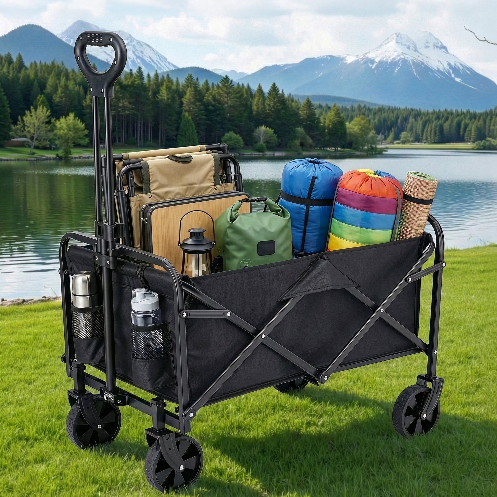 Gardeon Garden Cart Folding Trolley Camping Wagon Barrow Outdoor Beach Black Awezingly