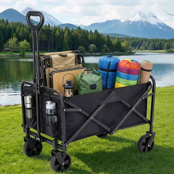 Gardeon Garden Cart Folding Trolley Camping Wagon Barrow Outdoor Beach Black Awezingly