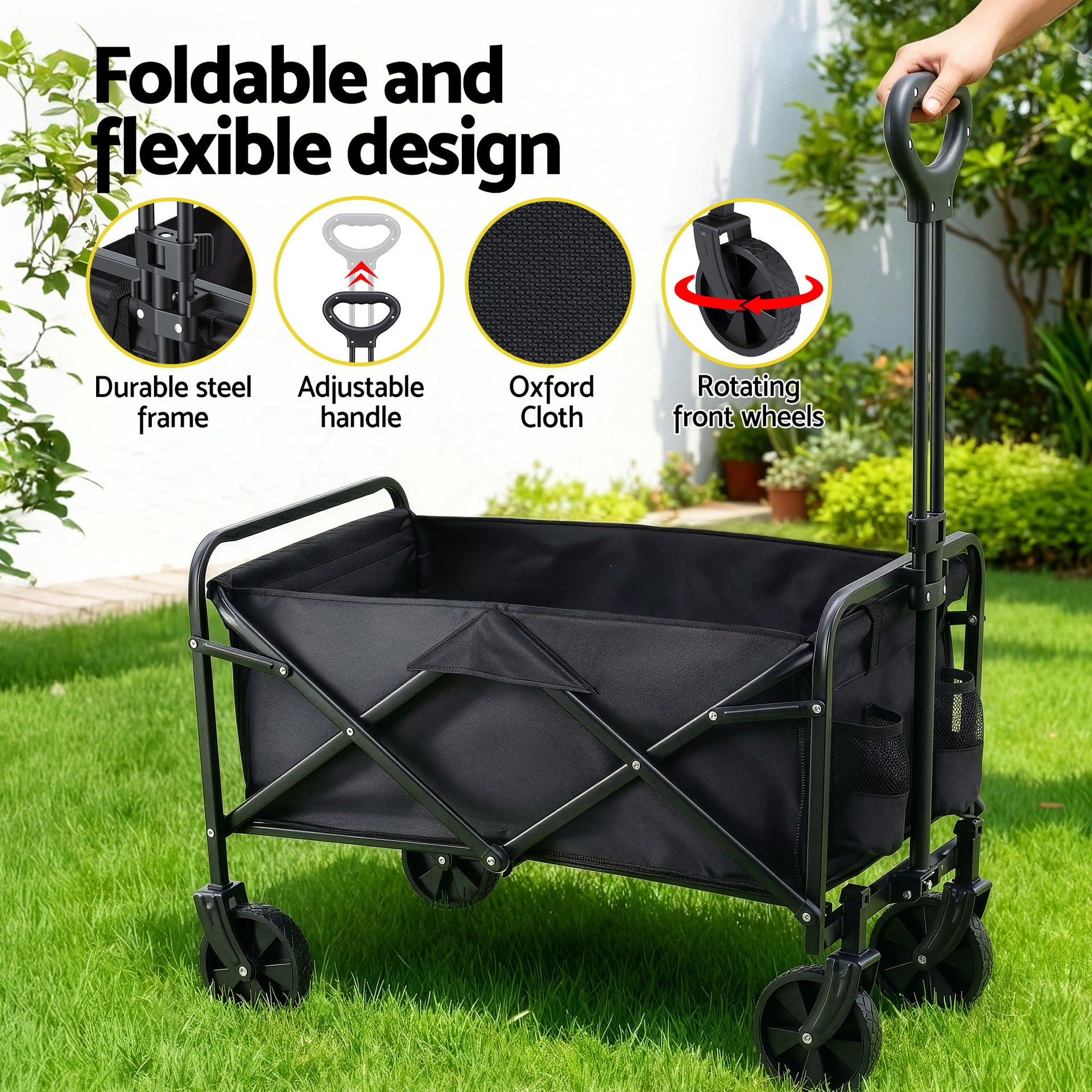Gardeon Garden Cart Folding Trolley Camping Wagon Barrow Outdoor Beach Black Awezingly