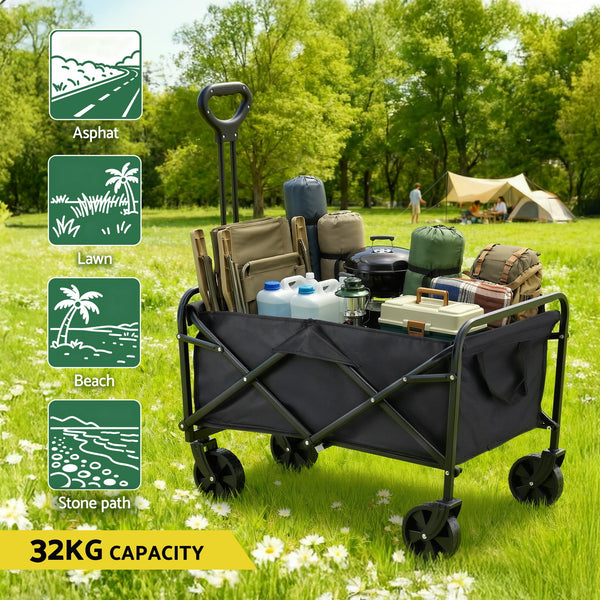 Gardeon Garden Cart Folding Trolley Camping Wagon Barrow Outdoor Beach Black Awezingly