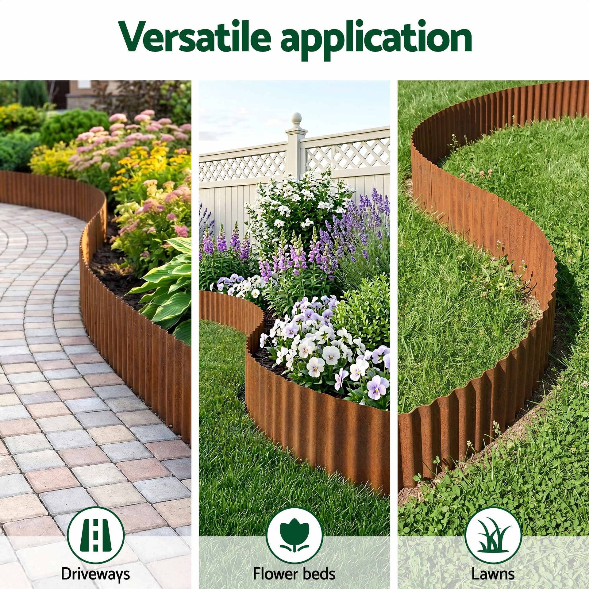 Green Fingers Garden Edging 10ft Metal Flexible Garden Border Corrugated Steel Lawn Edging Rust Awezingly