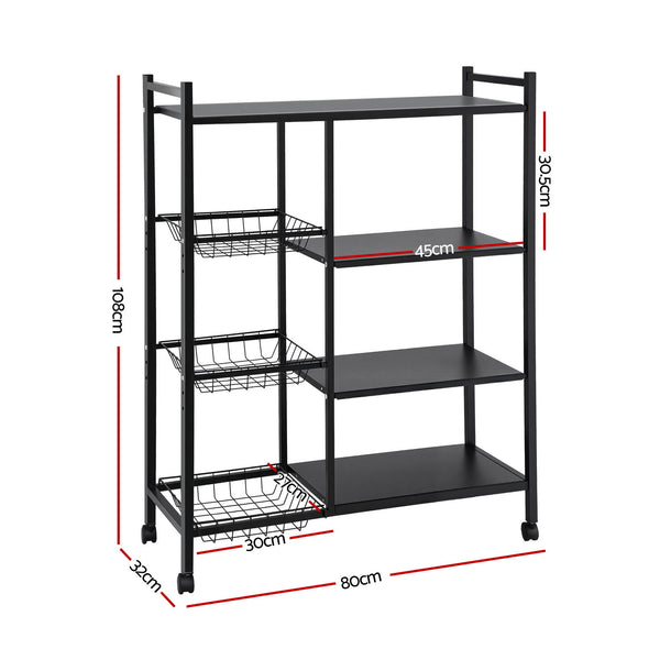 Artiss 4-Tier Kitchen Rack Microwave Bakers Storage Shelf with 3 Baskets Wheels Awezingly