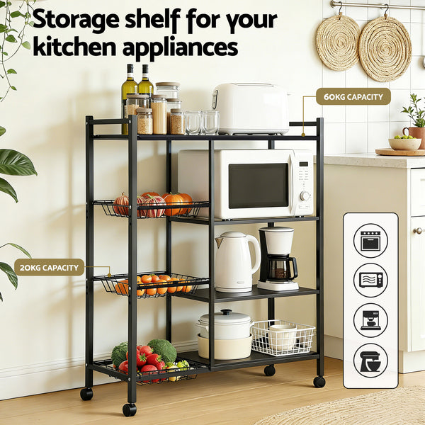 Artiss 4-Tier Kitchen Rack Microwave Bakers Storage Shelf with 3 Baskets Wheels Awezingly