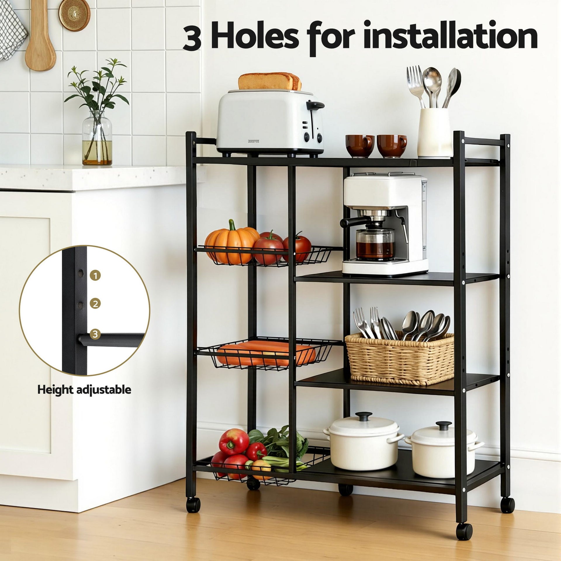 Artiss 4-Tier Kitchen Rack Microwave Bakers Storage Shelf with 3 Baskets Wheels Awezingly