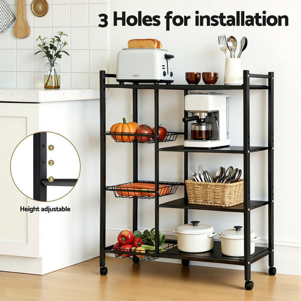 Artiss 4-Tier Kitchen Rack Microwave Bakers Storage Shelf with 3 Baskets Wheels Awezingly