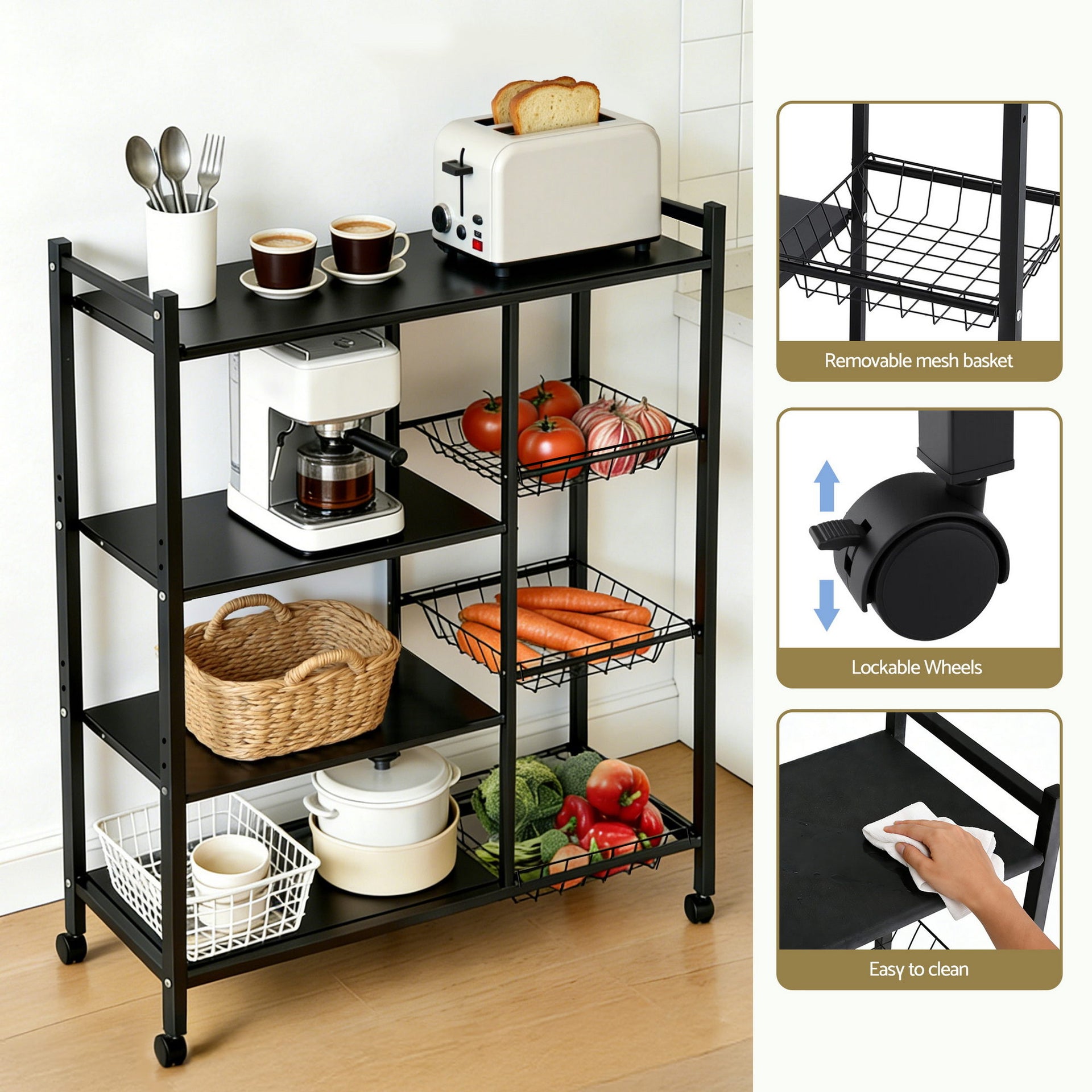 Artiss 4-Tier Kitchen Rack Microwave Bakers Storage Shelf with 3 Baskets Wheels Awezingly