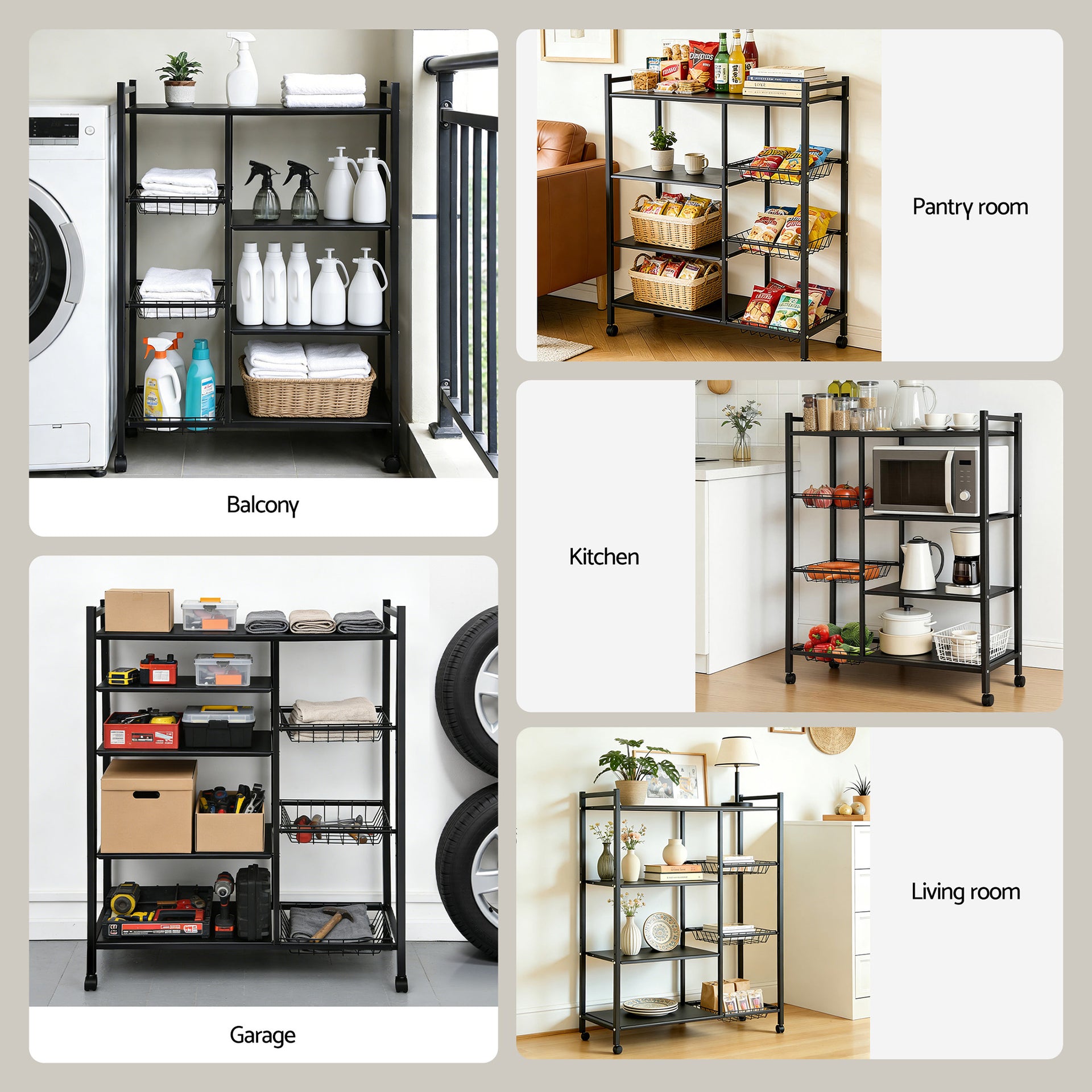 Artiss 4-Tier Kitchen Rack Microwave Bakers Storage Shelf with 3 Baskets Wheels Awezingly