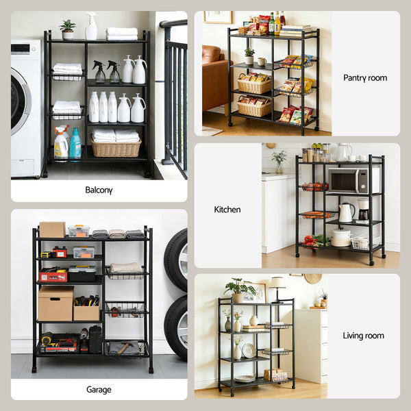 Artiss 4-Tier Kitchen Rack Microwave Bakers Storage Shelf with 3 Baskets Wheels Awezingly