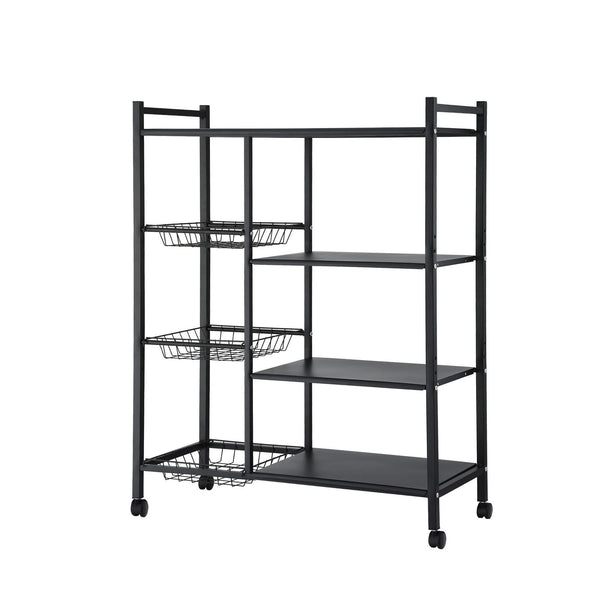 Artiss 4-Tier Kitchen Rack Microwave Bakers Storage Shelf with 3 Baskets Wheels Awezingly