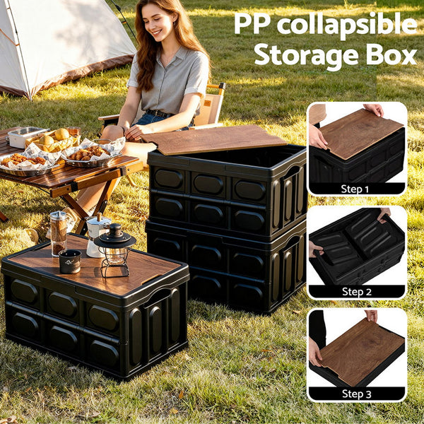 Gardeon Collapsible Outdoor Storage Box 50L Stackable Folding Camping Organizer Plywood Lid Black Gardeon