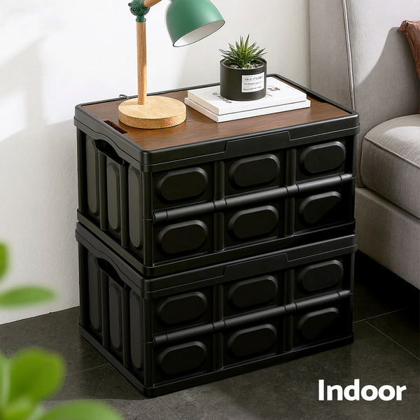 Gardeon Collapsible Outdoor Storage Box 50L Stackable Folding Camping Organizer Plywood Lid Black Gardeon