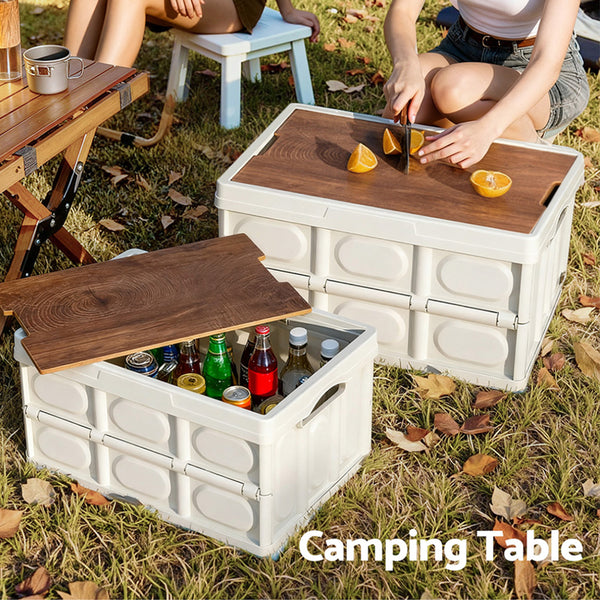 Gardeon Collapsible Outdoor Storage Box 50L Stackable Folding Camping Organizer Plywood Lid Beige Gardeon