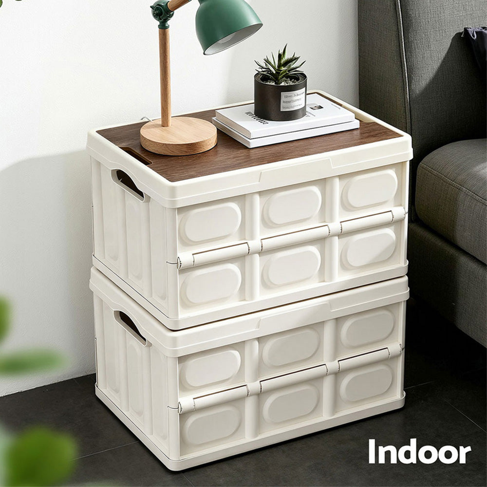 Gardeon Collapsible Outdoor Storage Box 50L Stackable Folding Camping Organizer Plywood Lid Beige Gardeon