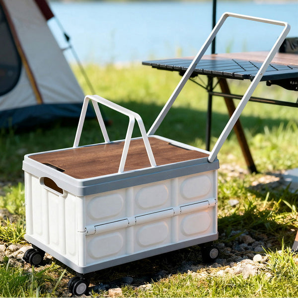 Gardeon Collapsible Outdoor Storage Box 54L Stackable Folding Camping Organizer Wheels Plywood Lid Beige Gardeon