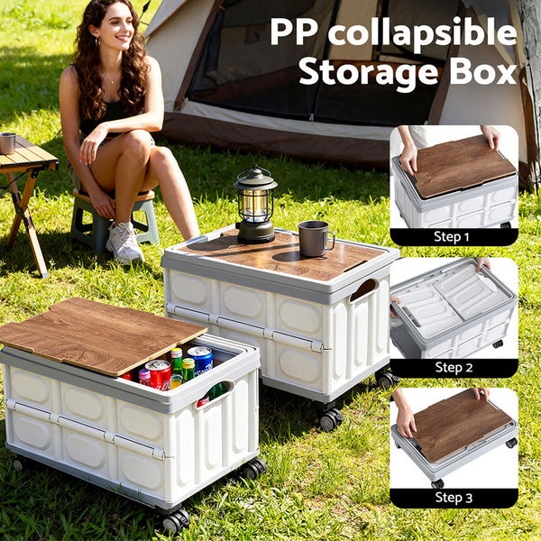 Gardeon Collapsible Outdoor Storage Box 54L Stackable Folding Camping Organizer Wheels Plywood Lid Beige Gardeon