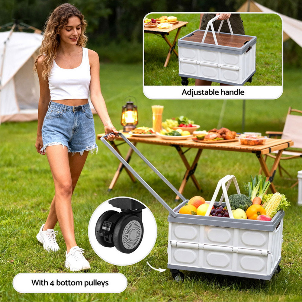 Gardeon Collapsible Outdoor Storage Box 54L Stackable Folding Camping Organizer Wheels Plywood Lid Beige Gardeon