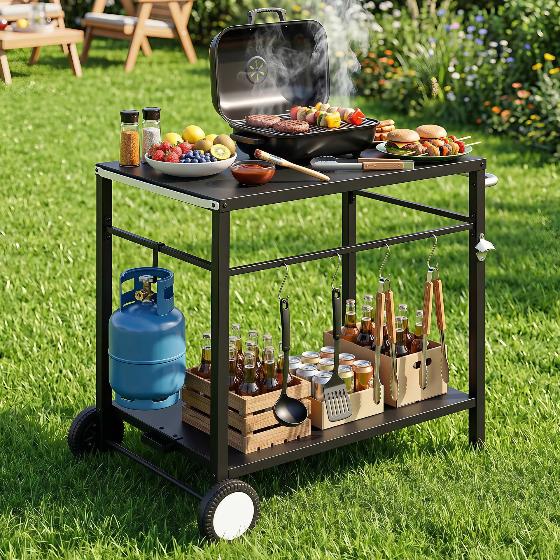 Weisshorn BBQ Camp Party Table, Garden Backyard Outdoor Cart Stainless Steel Prep Table Mobile Kitchen Trolley Heavy Duty with Wheels Tank Holder Hooks, Black Awezingly