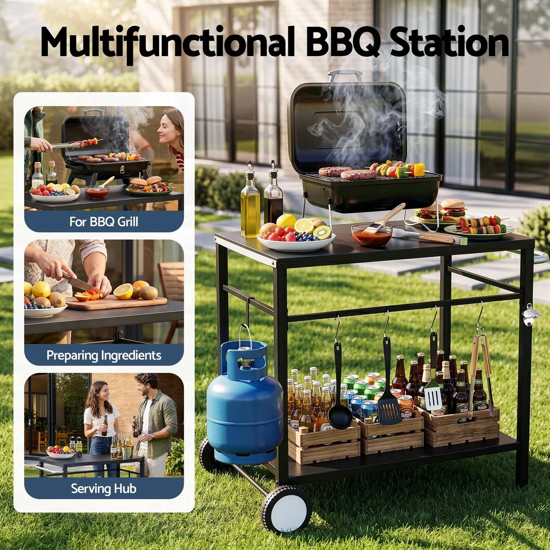 Weisshorn BBQ Camp Party Table, Garden Backyard Outdoor Cart Stainless Steel Prep Table Mobile Kitchen Trolley Heavy Duty with Wheels Tank Holder Hooks, Black Awezingly