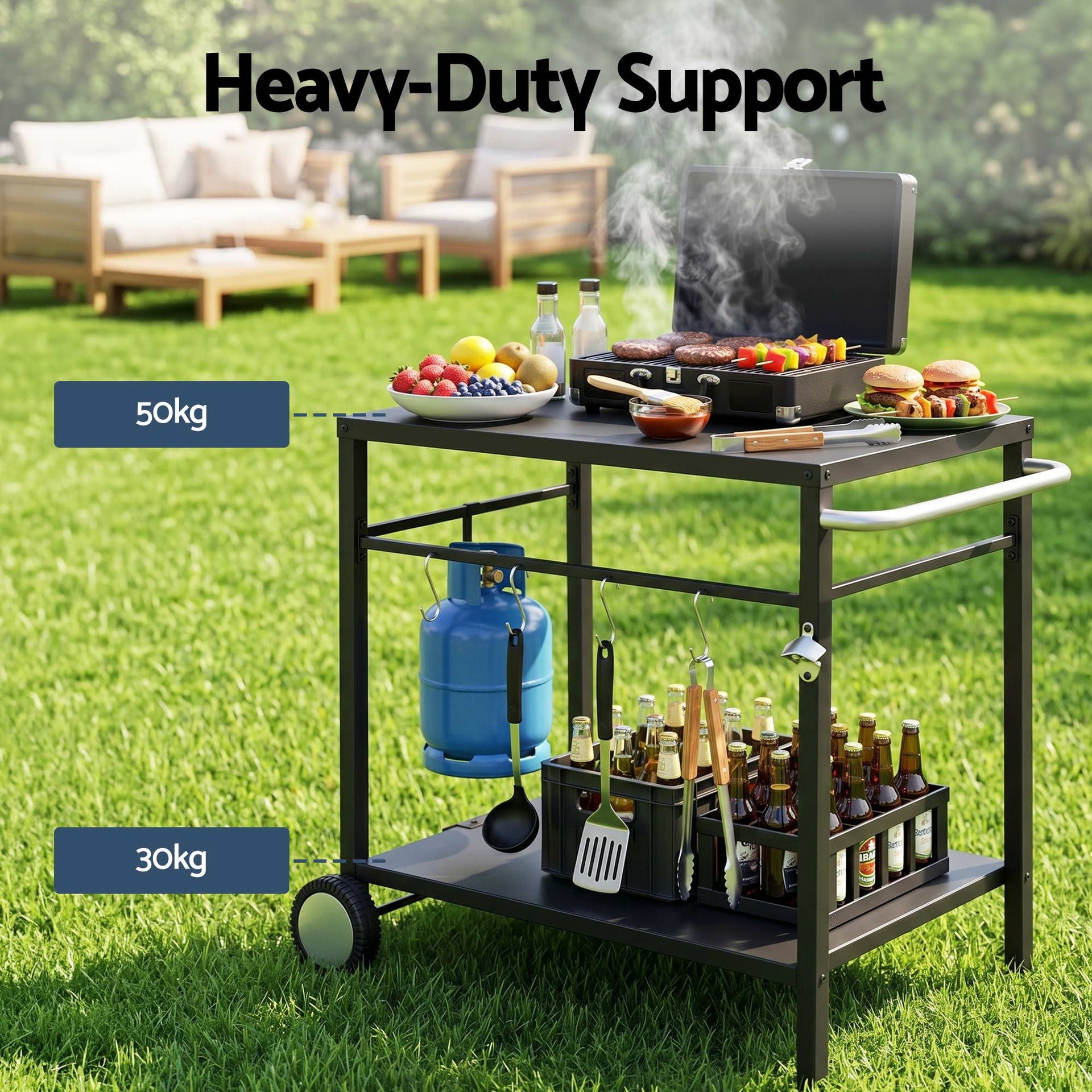 Weisshorn BBQ Camp Party Table, Garden Backyard Outdoor Cart Stainless Steel Prep Table Mobile Kitchen Trolley Heavy Duty with Wheels Tank Holder Hooks, Black Awezingly