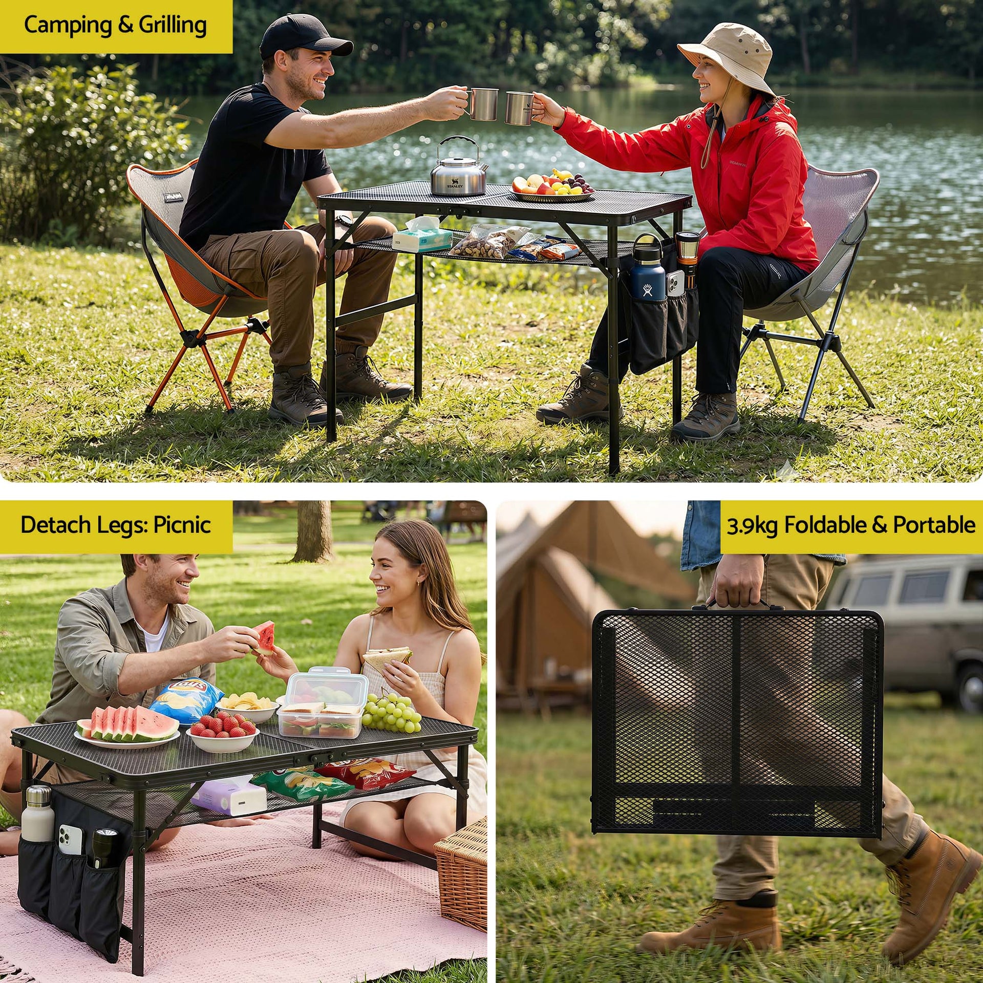 Gardeon BBQ Camp Table, 90*60*66 Portable Foldable Lightweight Grill Outdoor Metal Table 3.9kg Awezingly