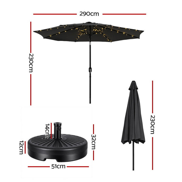 Instahut Outdoor Umbrella 2.9m Market Umbrella with Base String Light Black Awezingly